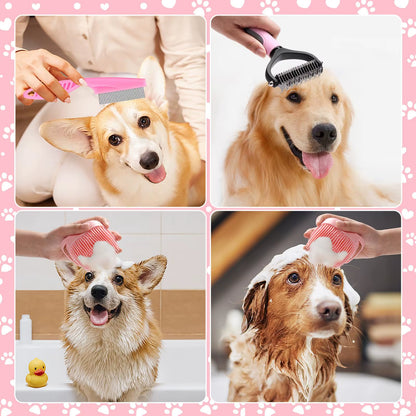 8-Piece Dog Brush Grooming Set, Pet Self-Cleaning Set, with Pet Nail Clippers and Files, Flea Comb, Pet Shampoo Bath Brush, Pet
