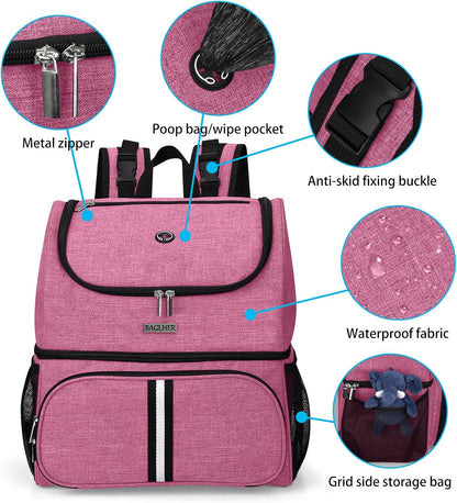 Pet Travel Bag, Double-Layer Pet Supplies Backpack (For All Pet Travel Supplies), Pet Travel Backpack with 2 Silicone Collapsible Bowls and 2 Food Baskets Pink