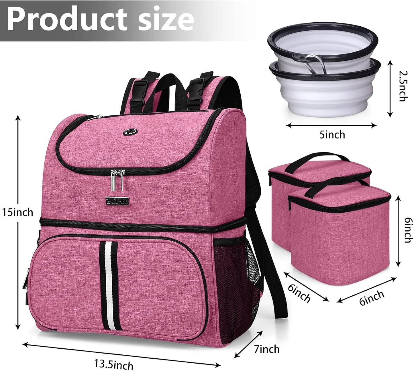 Pet Travel Bag, Double-Layer Pet Supplies Backpack (For All Pet Travel Supplies), Pet Travel Backpack with 2 Silicone Collapsible Bowls and 2 Food Baskets Pink