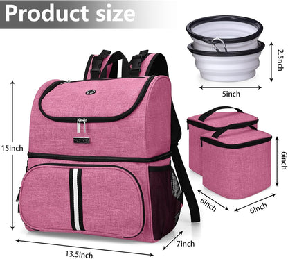 Pet Travel Bag, Double-Layer Pet Supplies Backpack (For All Pet Travel Supplies), Pet Travel Backpack with 2 Silicone Collapsible Bowls and 2 Food Baskets Pink