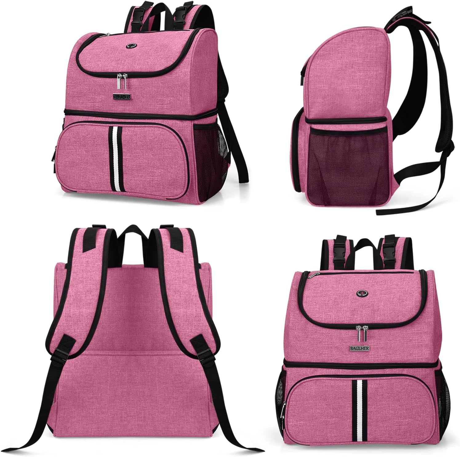 Pet Travel Bag, Double-Layer Pet Supplies Backpack (For All Pet Travel Supplies), Pet Travel Backpack with 2 Silicone Collapsible Bowls and 2 Food Baskets Pink