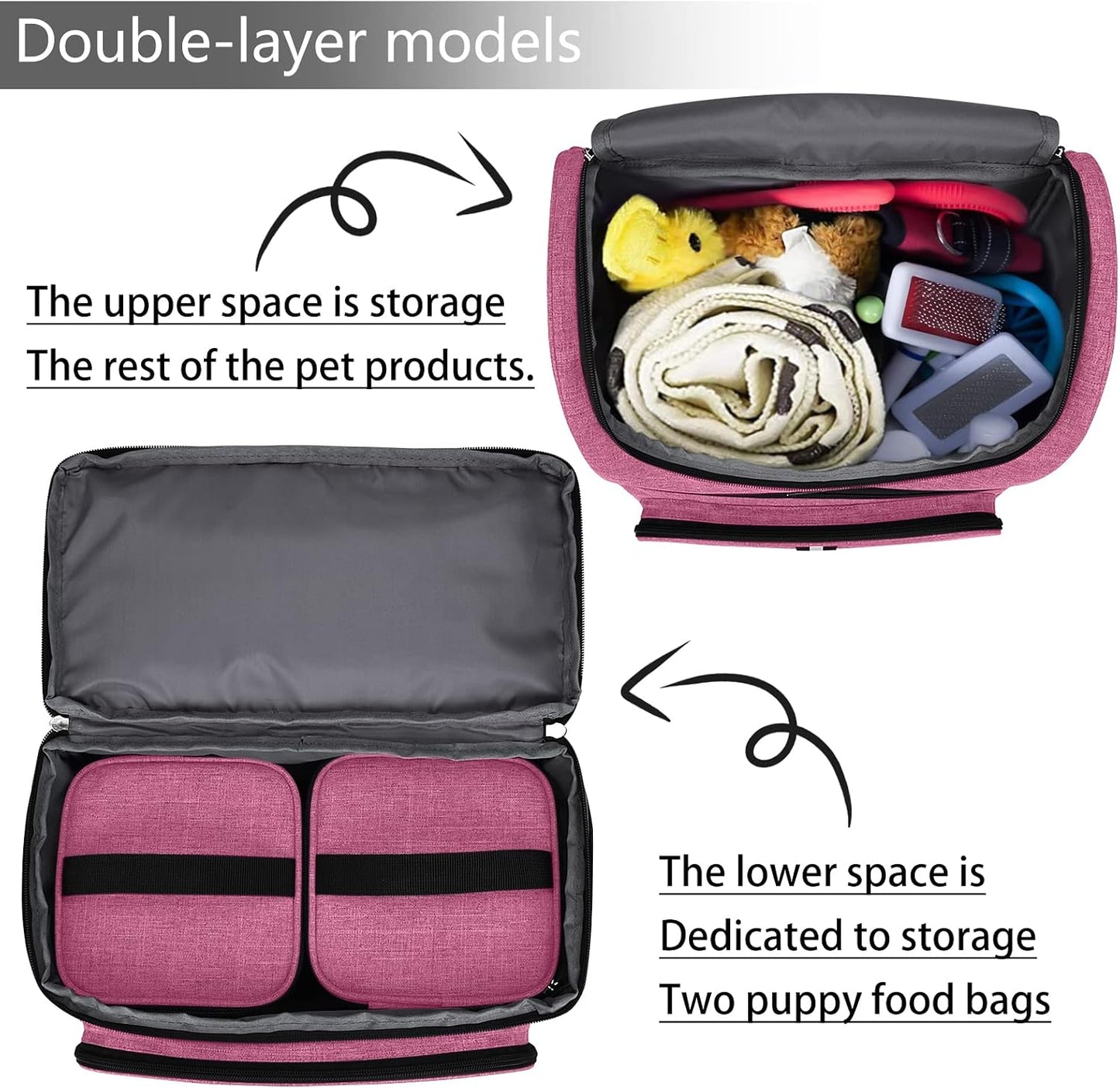 Pet Travel Bag, Double-Layer Pet Supplies Backpack (For All Pet Travel Supplies), Pet Travel Backpack with 2 Silicone Collapsible Bowls and 2 Food Baskets Pink