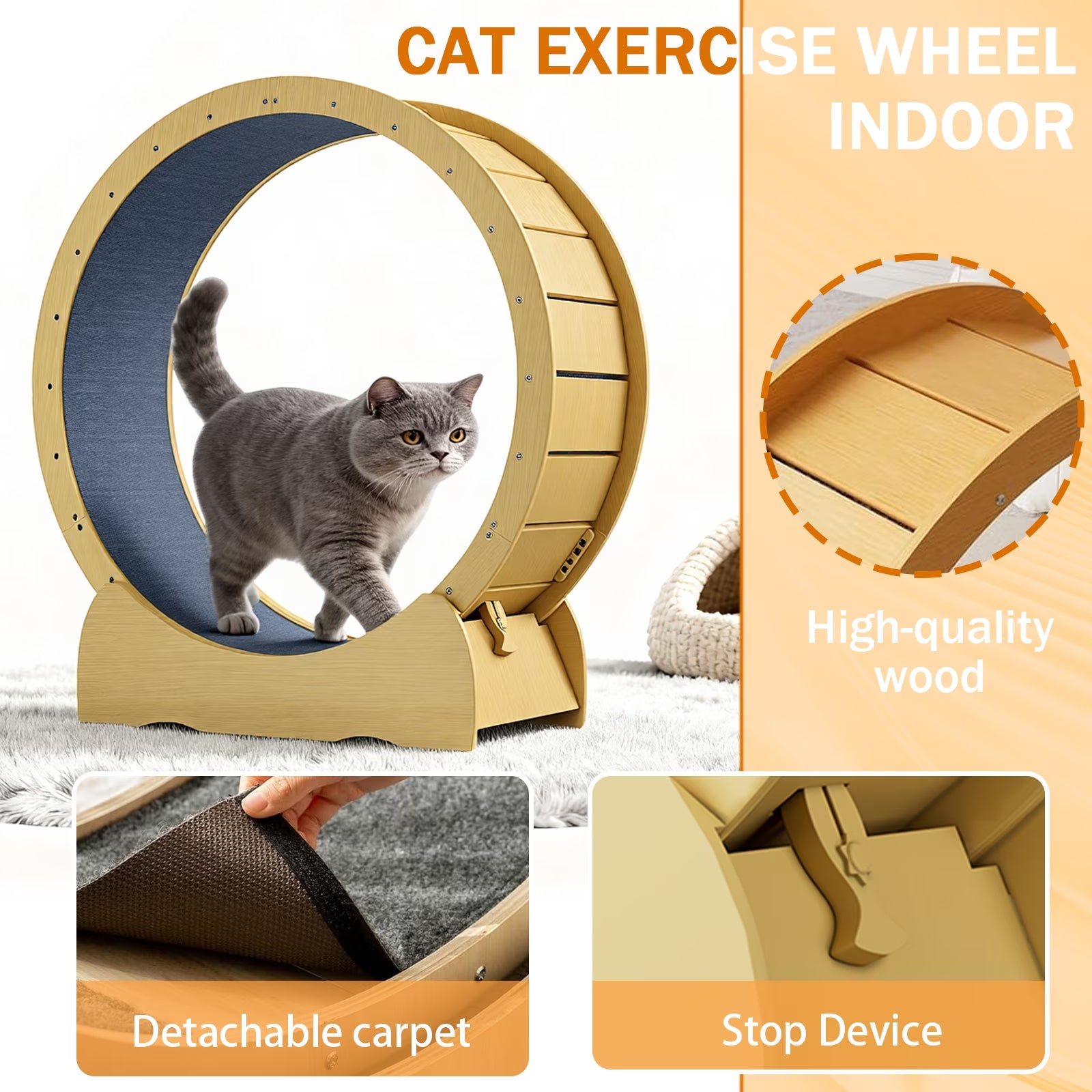 42" Natural Solid Wood Cat Exercise Wheel - Ultra Quiet, Detachable & Safe Indoor Treadmill for Large Cats, Pet Fitness & Weight Management