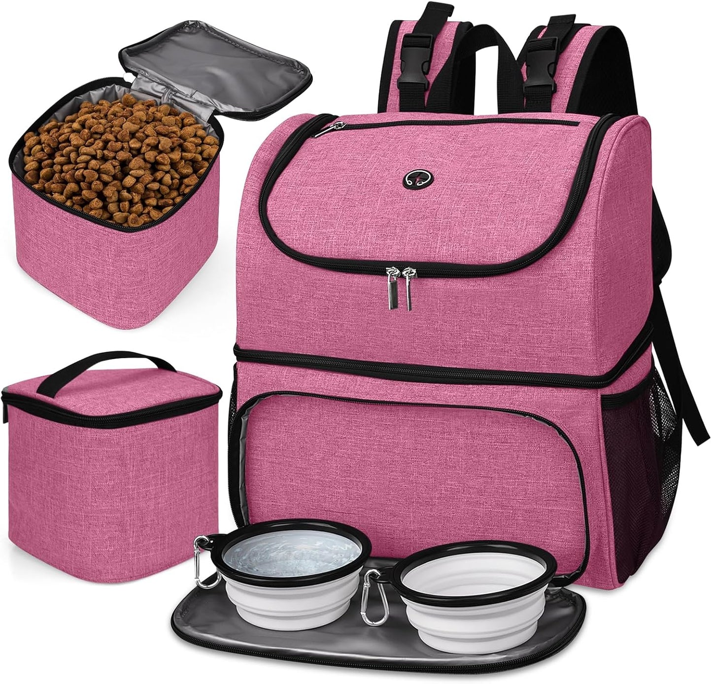 Pet Travel Bag, Double-Layer Pet Supplies Backpack (For All Pet Travel Supplies), Pet Travel Backpack with 2 Silicone Collapsible Bowls and 2 Food Baskets Pink