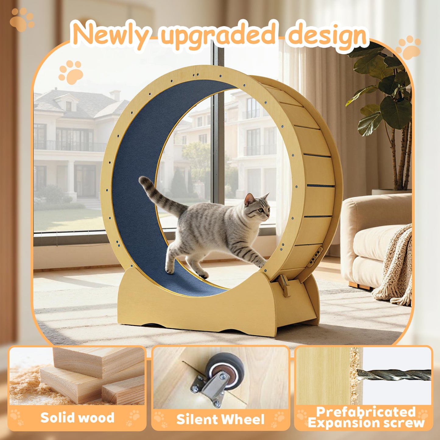 42" Natural Solid Wood Cat Exercise Wheel - Ultra Quiet, Detachable & Safe Indoor Treadmill for Large Cats, Pet Fitness & Weight Management