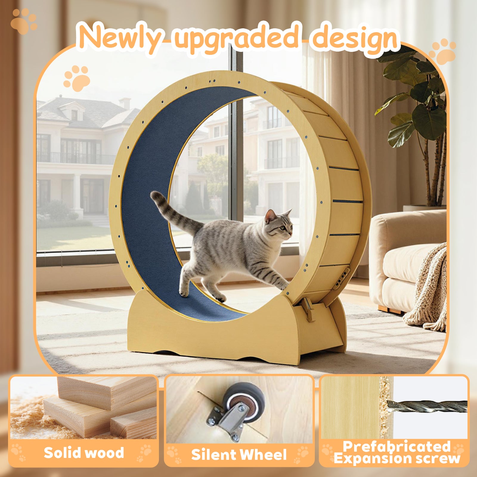 42" Natural Solid Wood Cat Exercise Wheel - Ultra Quiet, Detachable & Safe Indoor Treadmill for Large Cats, Pet Fitness & Weight Management