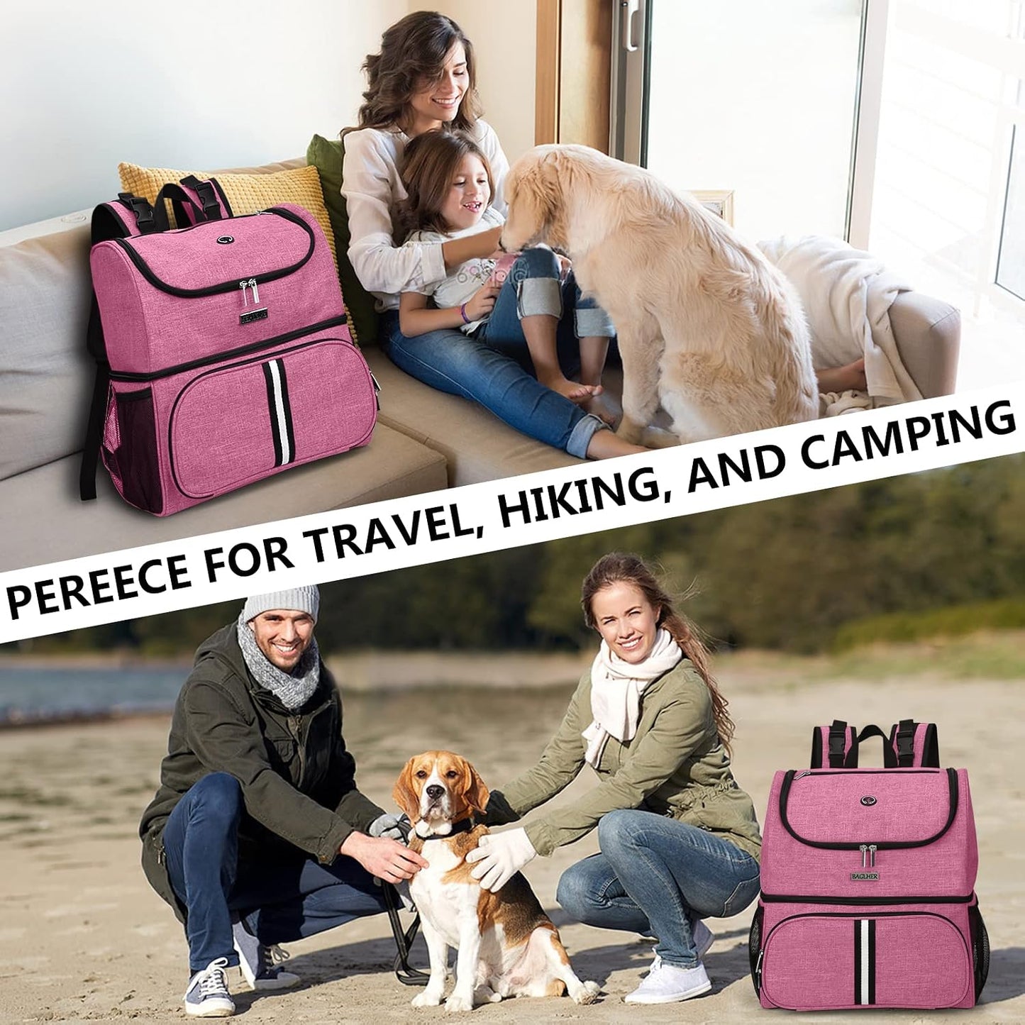 Pet Travel Bag, Double-Layer Pet Supplies Backpack (For All Pet Travel Supplies), Pet Travel Backpack with 2 Silicone Collapsible Bowls and 2 Food Baskets Pink