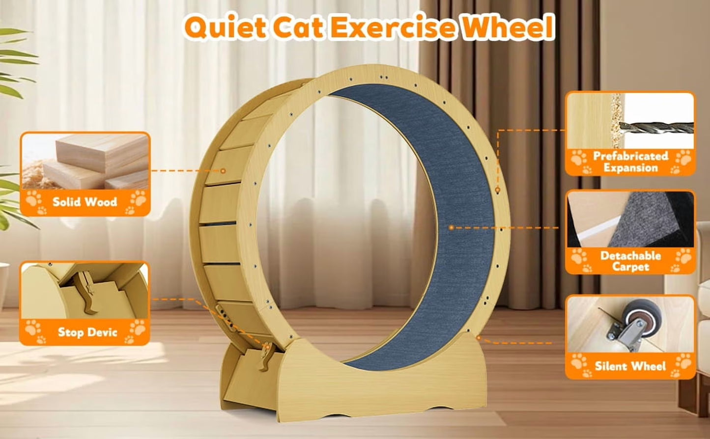 42" Natural Solid Wood Cat Exercise Wheel - Ultra Quiet, Detachable & Safe Indoor Treadmill for Large Cats, Pet Fitness & Weight Management