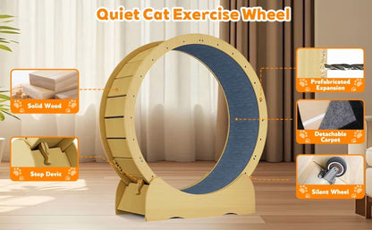 42" Natural Solid Wood Cat Exercise Wheel - Ultra Quiet, Detachable & Safe Indoor Treadmill for Large Cats, Pet Fitness & Weight Management