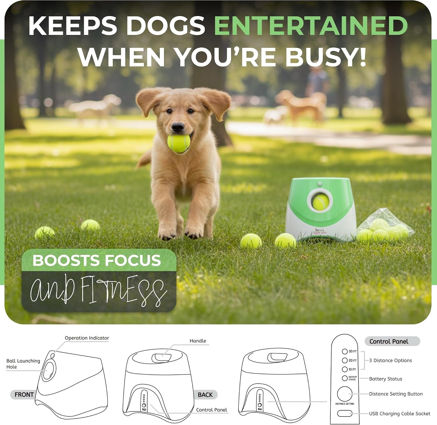 Automatic Ball Launcher for Dogs with 10 Balls (2 Inch), Dog Ball Launcher with 3 Range Modes (10/20/30Ft), Rechargeable Dog Balls Thrower for Small-Medium Dogs,Indoor/Outdoor Pet Fetch Machine